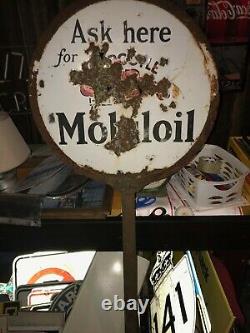 Rare MOBILOIL GARGOYLE PORCELAIN DOUBLE SIDED CURB SIGN on pole stand available