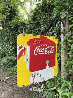 Rare Original 1940s Double Sided Porcelain Coca Cola Soda Fountain Hanger Sign
