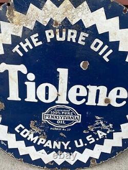 Rare Original Tiolene Motor Oil Porcelain Sign Pure Oil Advertising Double Sided