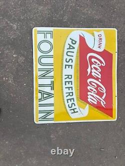 Rare Porcelain Fountain Coca-cola Enamel Sign 42 Inches Double Sided Die Cut