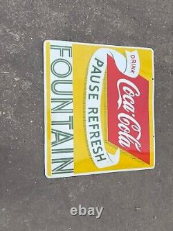 Rare Porcelain Fountain Coca-cola Enamel Sign 42 Inches Double Sided Die Cut