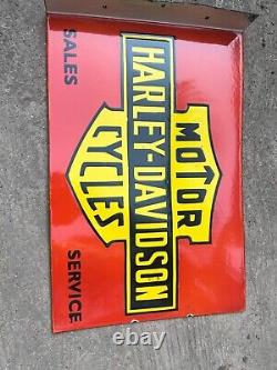 Rare Porcelain Harley Davidson Enamel Sign 24x16 Inches Double Sided With Flange