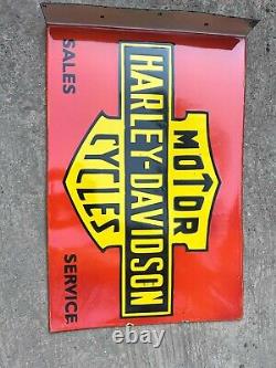 Rare Porcelain Harley Davidson Enamel Sign 24x16 Inches Double Sided With Flange