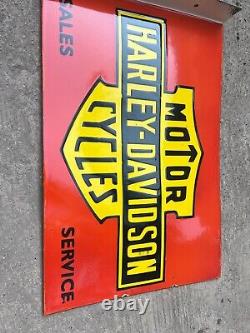 Rare Porcelain Harley Davidson Enamel Sign 24x16 Inches Double Sided With Flange