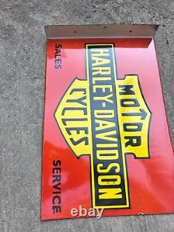 Rare Porcelain Harley Davidson Enamel Sign 24x16 Inches Double Sided With Flange