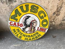 Rare Porcelain Musgo Enamel Sign 36 Inches Double Sided