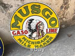 Rare Porcelain Musgo Enamel Sign 36 Inches Double Sided