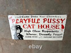 Rare Porcelain Playful Pussy Cat House Enamel Sign 36x18 Inches Double Sided