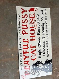 Rare Porcelain Playful Pussy Cat House Enamel Sign 36x18 Inches Double Sided