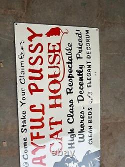 Rare Porcelain Playful Pussy Cat House Enamel Sign 36x18 Inches Double Sided