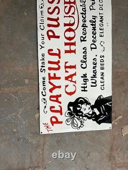 Rare Porcelain Playful Pussy Cat House Enamel Sign 36x18 Inches Double Sided