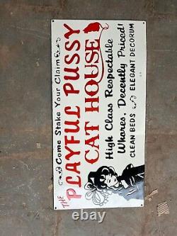 Rare Porcelain Playful Pussy Cat House Enamel Sign 36x18 Inches Double Sided