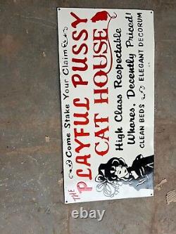 Rare Porcelain Playful Pussy Cat House Enamel Sign 36x18 Inches Double Sided