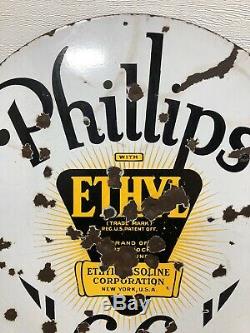 Rare Vintage ORIGINAL Phillips 66 Ethyl Porcelain Sign 30 Double Sided Gas Oil