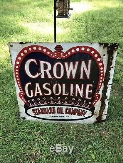 Rare Vintage Red Crown Gasoline Porcelain Double Sided Sign