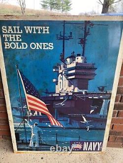 Rare Vintage Vietnam Era Large Metal Navy Recruiting Double Sided Sign 1966