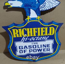 Richfield Hi-Octane Gasoline Porcelain Enamel Sign 39 x 31 Inches 2 Sided