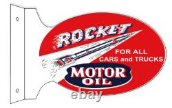 Rocket Motor Oil Cars Trucks 18 Heavy Duty USA Metal Double Sided Gas Adv Sign