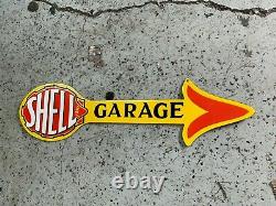 SHELL GARAGE HEAVY DOUBLE SIDED PORCELAIN SIGN, (30x 8) NEAR MINT, NICE