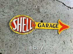 SHELL GARAGE HEAVY DOUBLE SIDED PORCELAIN SIGN, (30x 8) NEAR MINT, NICE