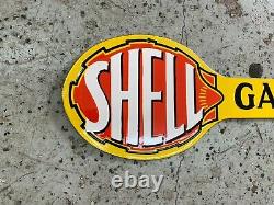 SHELL GARAGE HEAVY DOUBLE SIDED PORCELAIN SIGN, (30x 8) NEAR MINT, NICE