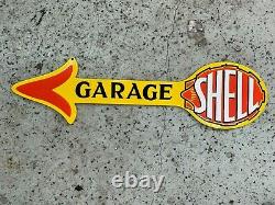 SHELL GARAGE HEAVY DOUBLE SIDED PORCELAIN SIGN, (30x 8) NEAR MINT, NICE