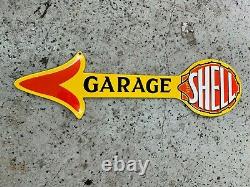 SHELL GARAGE HEAVY DOUBLE SIDED PORCELAIN SIGN, (30x 8) NEAR MINT, NICE