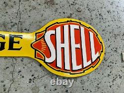 SHELL GARAGE HEAVY DOUBLE SIDED PORCELAIN SIGN, (30x 8) NEAR MINT, NICE