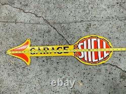 SHELL GARAGE HEAVY DOUBLE SIDED PORCELAIN SIGN, (30x 8) NEAR MINT, NICE