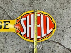 SHELL GARAGE HEAVY DOUBLE SIDED PORCELAIN SIGN, (30x 8) NEAR MINT, NICE