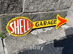 SHELL GARAGE HEAVY DOUBLE SIDED PORCELAIN SIGN, (30x 8) NICE CONDITION