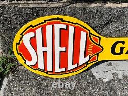 SHELL GARAGE HEAVY DOUBLE SIDED PORCELAIN SIGN, (30x 8) NICE CONDITION