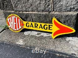 SHELL GARAGE HEAVY DOUBLE SIDED PORCELAIN SIGN, (30x 8) NICE CONDITION