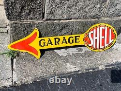 SHELL GARAGE HEAVY DOUBLE SIDED PORCELAIN SIGN, (30x 8) NICE CONDITION