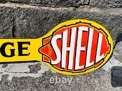 SHELL GARAGE HEAVY DOUBLE SIDED PORCELAIN SIGN, (30x 8) NICE CONDITION