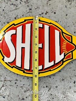 SHELL GARAGE HEAVY DOUBLE SIDED PORCELAIN SIGN, (30x 8) NICE CONDITION