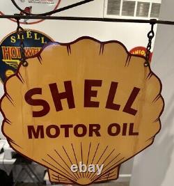 Shell Motor Oil Double Sided Metal Sign with Hanging Bracket