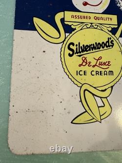 Silverwoods DeLuxe Ice Cream Painted Metal 2 Sided Flange Sign Stout Sign Co