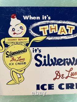 Silverwoods DeLuxe Ice Cream Painted Metal 2 Sided Flange Sign Stout Sign Co