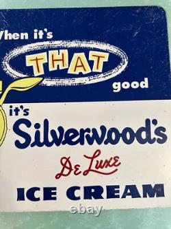 Silverwoods DeLuxe Ice Cream Painted Metal 2 Sided Flange Sign Stout Sign Co