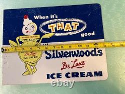 Silverwoods DeLuxe Ice Cream Painted Metal 2 Sided Flange Sign Stout Sign Co