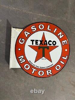 Texaco Gasoline Porcelain Enamel Sign 18x20 Inches Double Sided With Flange