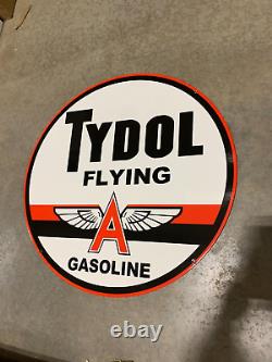 Tydol/flying A Gasoline Large Heavy Double Sided Porcelain Sign (24inch) Nice