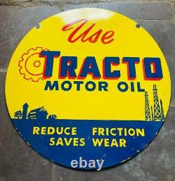 Use Tracto Motor Oil Double Sided Vintage Porcelain Enamel Sign 30 Inches Round