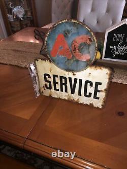 VINTAGE 1940s-50s AC DELCO SERVICE STATION DOUBLE-SIDED PORCELAIN FLANGED SIGN