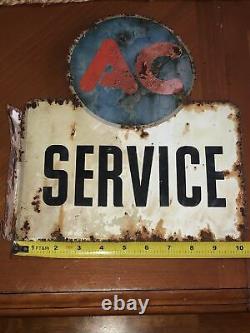 VINTAGE 1940s-50s AC DELCO SERVICE STATION DOUBLE-SIDED PORCELAIN FLANGED SIGN