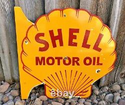 VINTAGE DOUBLE SIDED SHELL MOTOR OIL FLANGE 18.5 x 18 PORCELAIN ENAMEL OIL SIGN