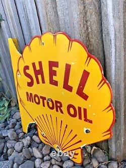 VINTAGE DOUBLE SIDED SHELL MOTOR OIL FLANGE 18.5 x 18 PORCELAIN ENAMEL OIL SIGN