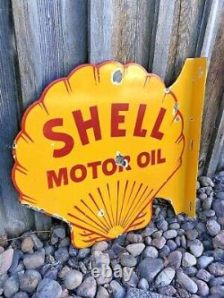 VINTAGE DOUBLE SIDED SHELL MOTOR OIL FLANGE 18.5 x 18 PORCELAIN ENAMEL OIL SIGN