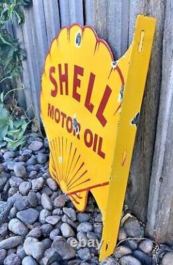 VINTAGE DOUBLE SIDED SHELL MOTOR OIL FLANGE 18.5 x 18 PORCELAIN ENAMEL OIL SIGN